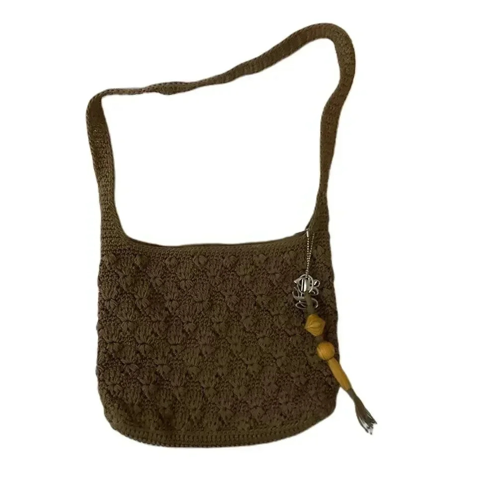 Luxy Brown Crocheted Crossbody Shoulder Bag Purse Womens Decorative Tassel